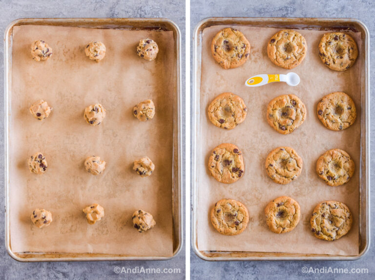 Two images of a baking sheet with cookies. First with raw cookie dough, second with baked cookies with a well pushed in the center.