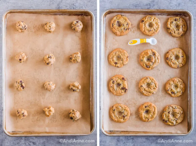Two images of a baking sheet with cookies. First with raw cookie dough, second with baked cookies with a well pushed in the center.