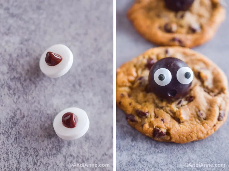 Two images together. First is two candy eyeballs with chocolate dollops on backs. Second is a chocolate chip cookie with a round chocolate with candy eyeballs on top.
