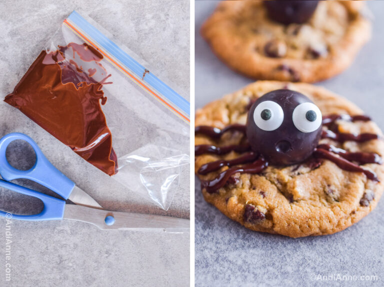 Two images: first is a small plastic bag with melted chocolate inside and scissors. Second is a chocolate chip cookie with a round chocolate with candy eyeballs and strips of melted chocolate to resemble a spider.