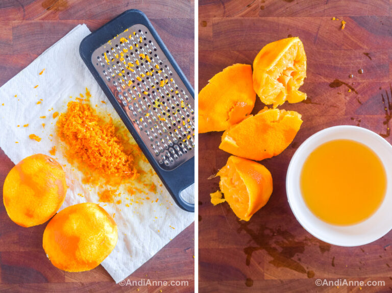 oranges, orange zest, orange juice in a bowl and a cheese grater.