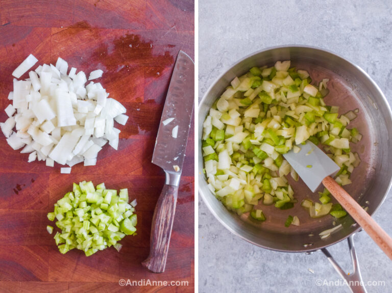 chopped onion and celery on a cutting board with a knife. And cooked chopped onion and celery in a frying pan.