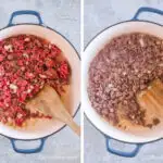 Two images of a white dutch oven. First with raw beef and chopped onion. Second with cooked beef and onion.