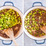 Two images of a white dutch oven. First with ground beef and celery and bell pepper dumped on top. Second with ingredients mixed together.