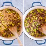Two images of a white dutch oven. First with oats and spices dumped on top of ground beef mixture. Second with all ingredients mixed together.