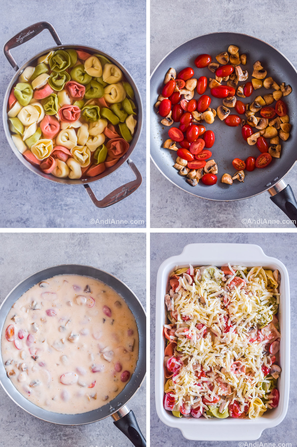Four images showing steps to make the recipe. First is cooked tortellini in a pot. Second is sliced mushrooms and tomatoes in a frying pan. Third is creamy sauce with mushrooms and tomatoes. Fourth is pasta in a casserole dish sprinkled with mozzarella cheese.