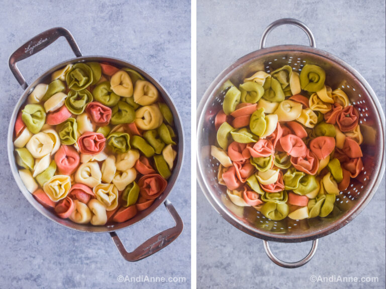 Cooked tortellini pasta in a large pot with water. Cooked pasta in a strainer.
