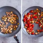Cooked mushrooms in a frying pan. Mushrooms and sliced cherry tomatoes in another frying pan.