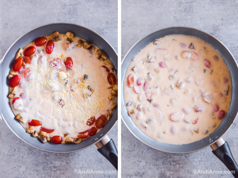 Two images of a frying pan, first with tomatoes and mushrooms and creamy sauce dumped on top. Second with a creamy sauce mixed together.