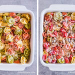 Two images of a white casserole dish. First with tortellini pasta inside. Second with alfredo sauce drizzled overtop.