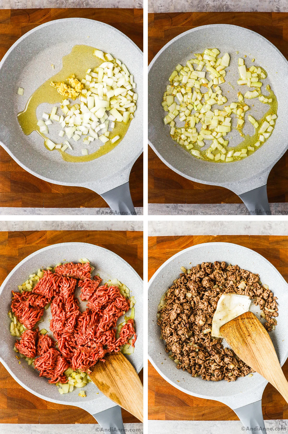 Four images grouped together of a frying pan. First two are chopped onion with minced garlic and olive oil. Second two are chopped onion and raw ground beef, then cooked beef.