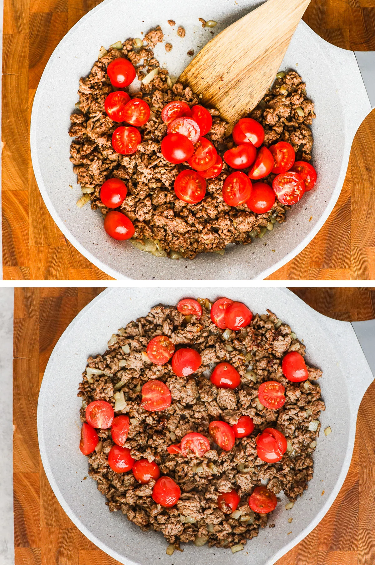 Two images of cherry tomatoes, ground beef and onion in a frying pan.
