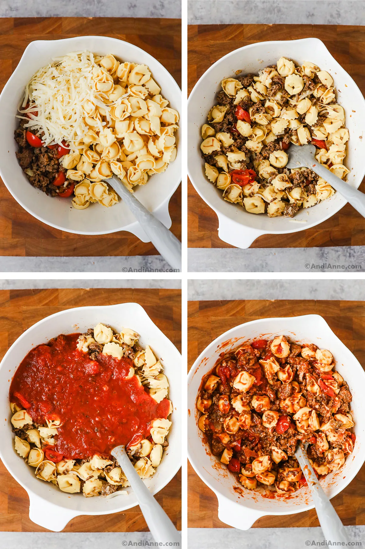 Four images of a white bowl with tortellini, ground beef, tomatoes, and sauce. All in various stages of mixing.