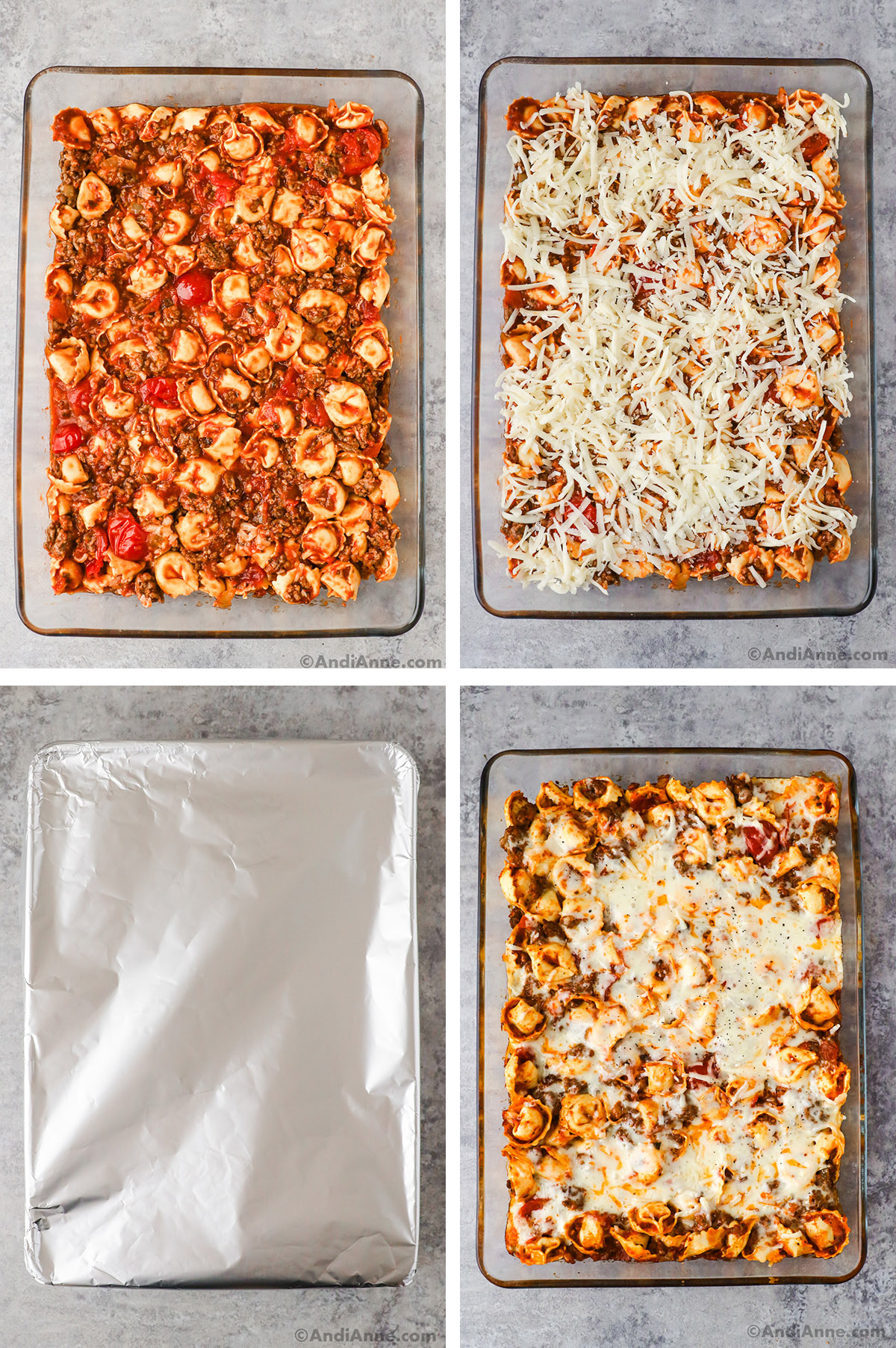 Four images of a glass casserole dish with ground beef tortellini mixture in various stages, including covered with cheese, covered with foil and then fully baked.