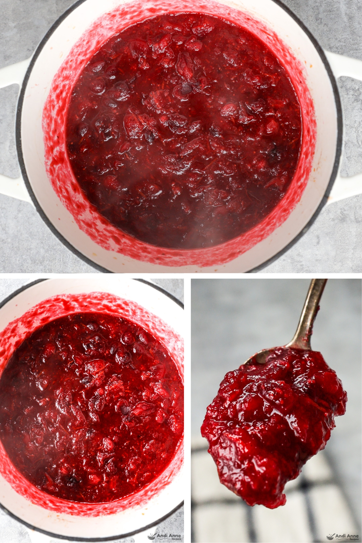 Three images grouped, first two are a pot with finished homemade cranberry sauce, last is a spoon with a scoop of it