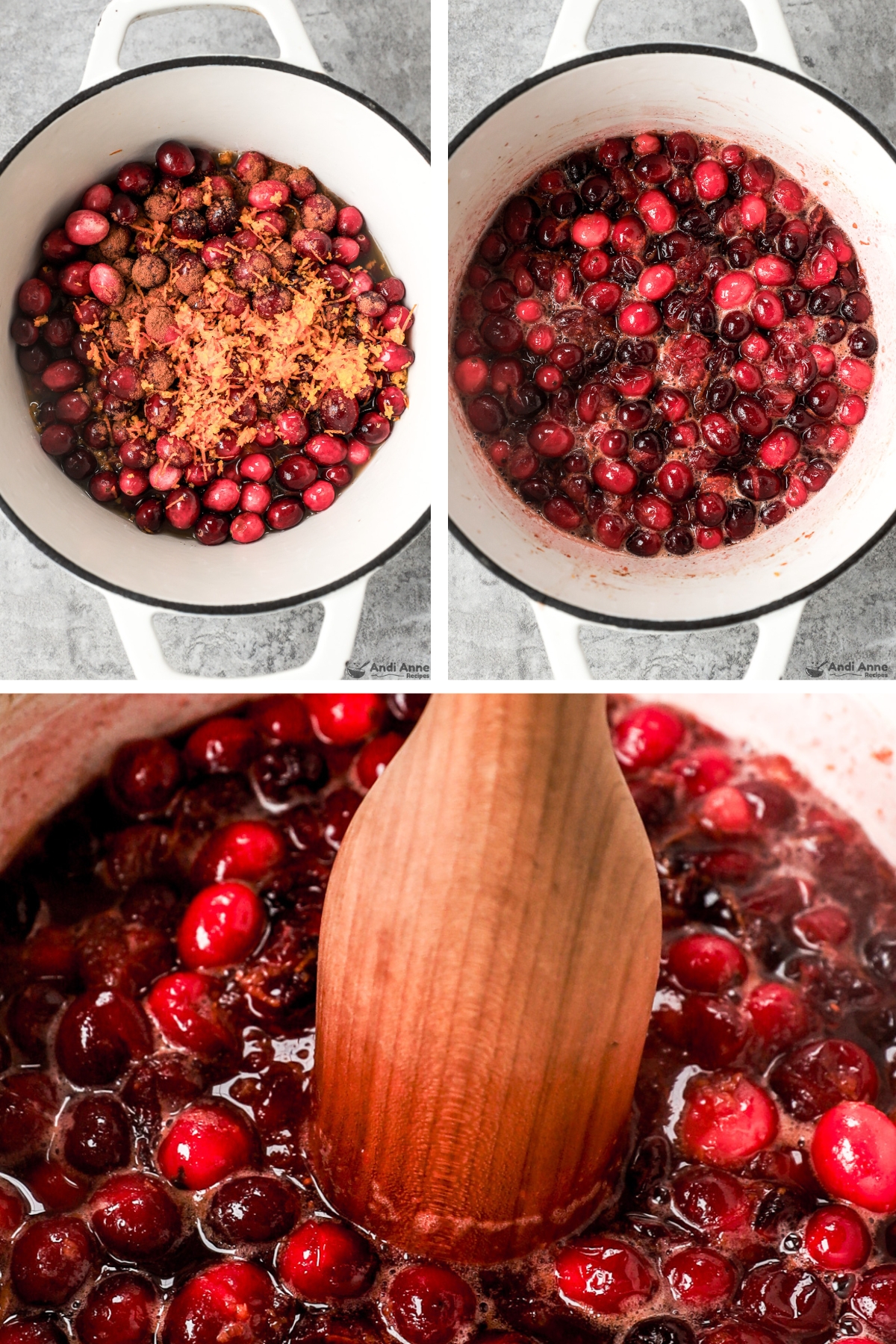 Three images of a pot with cranberries, orange zest and cinnamon in it, first all dumped in unmixed, second mixed, third with wood mallet squishing some of the cranberries in liquid close up.