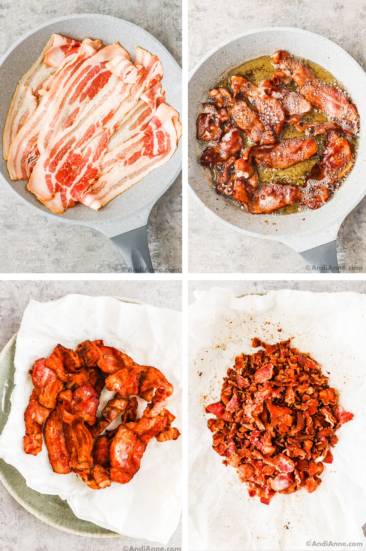 Four images of bacon in various cooking stages. First is raw bacon strips in a frying pan. Second is cooked bacon strips. Third is cooked bacon strips on paper twoel. Fourth is crumbled bacon strips.