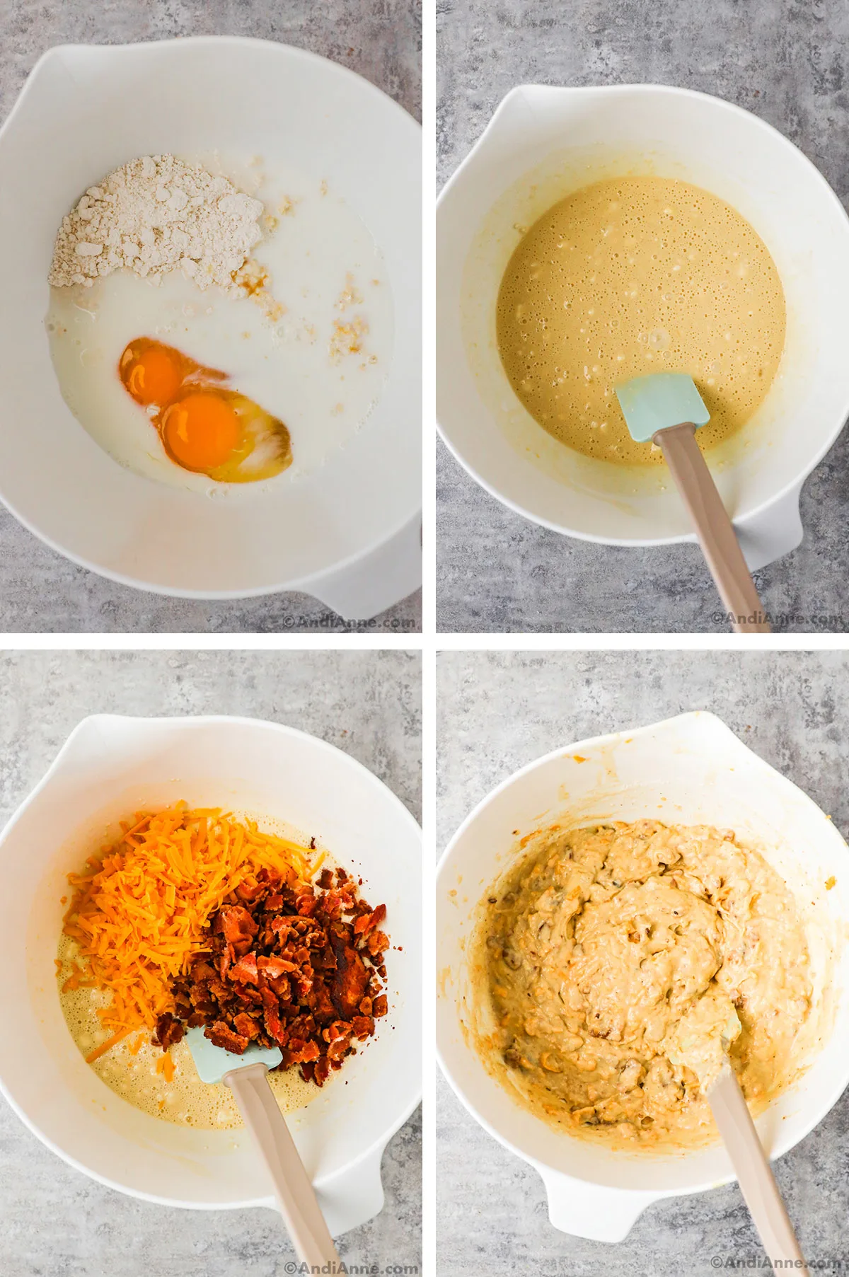 Four images of a white bowl. First is bisquick, eggs and milk unmixed. Second is ingredients mixed. Third is shredded cheese and crumbled bacon on top. Fourth is bacon and cheese mixed together to create a lumpy batter.