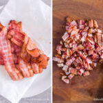 Two images, first with cooked bacon strips on a paper towel. Second with chopped bacon on a cutting board.