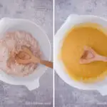 Two images of a white mixing bowl. First with pancake ingredients dumped in and a wood spoon. Second with pancake batter and a wood spoon.