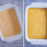 Two images of a white casserole dish. First with wet batter. Second with backed pancake.