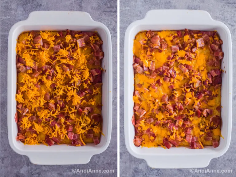 Two images of of a white casserole dish. First with unmelted cheese and chopped bacon. Second with melted cheese and chopped bacon.