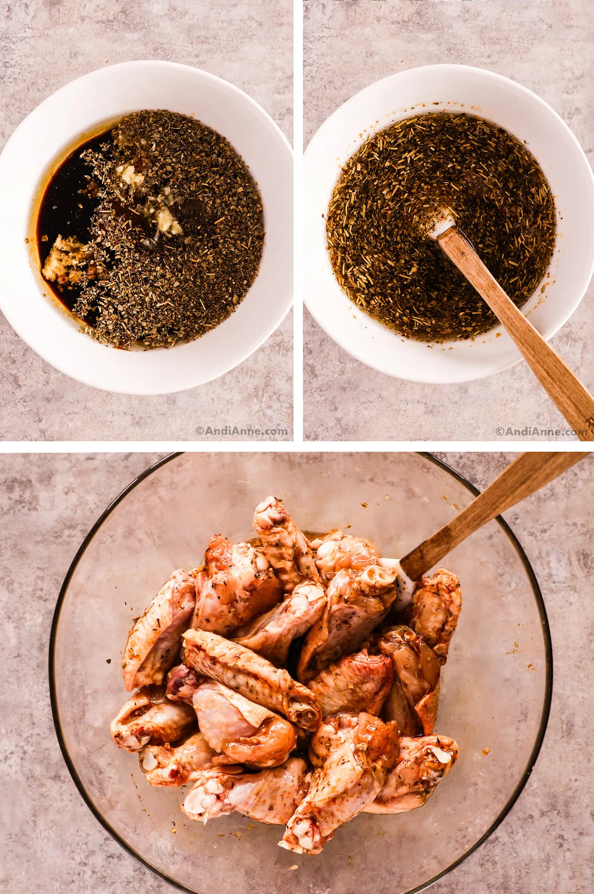 Three images combined. First two are sauce in a bowl, Second two are chicken wings tossed with the sauce.