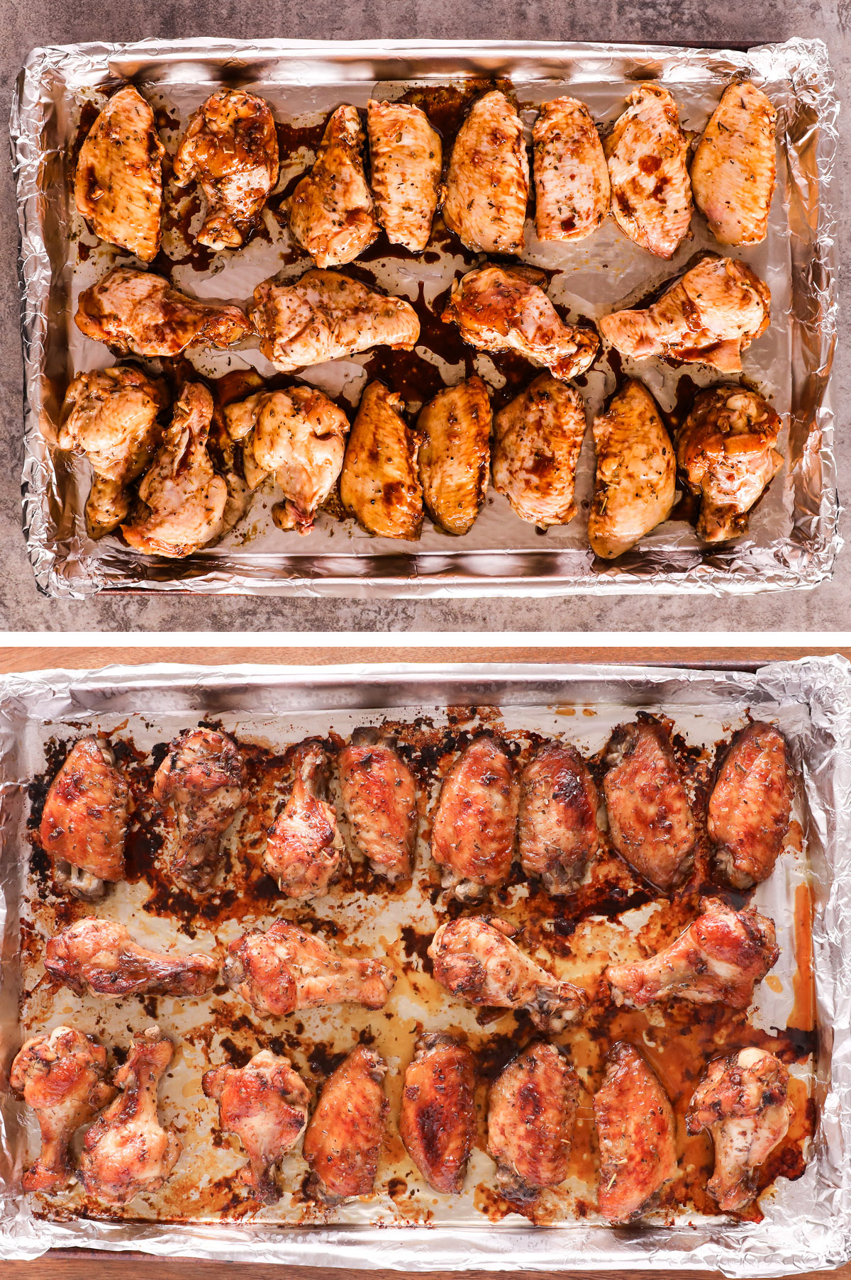 Two images combined. First is raw chicken wings, second is baked.