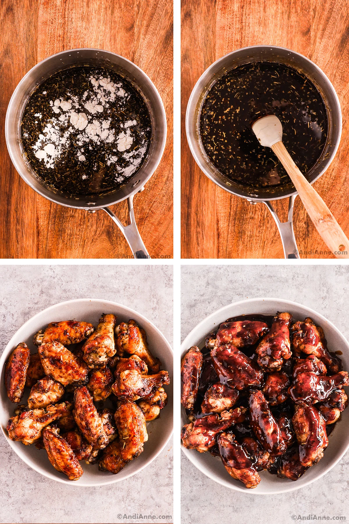 Four images combined. A saucepan with liquid and cornstarch dumped in. And wings in a bowl, first uncoated then coated in sauce.