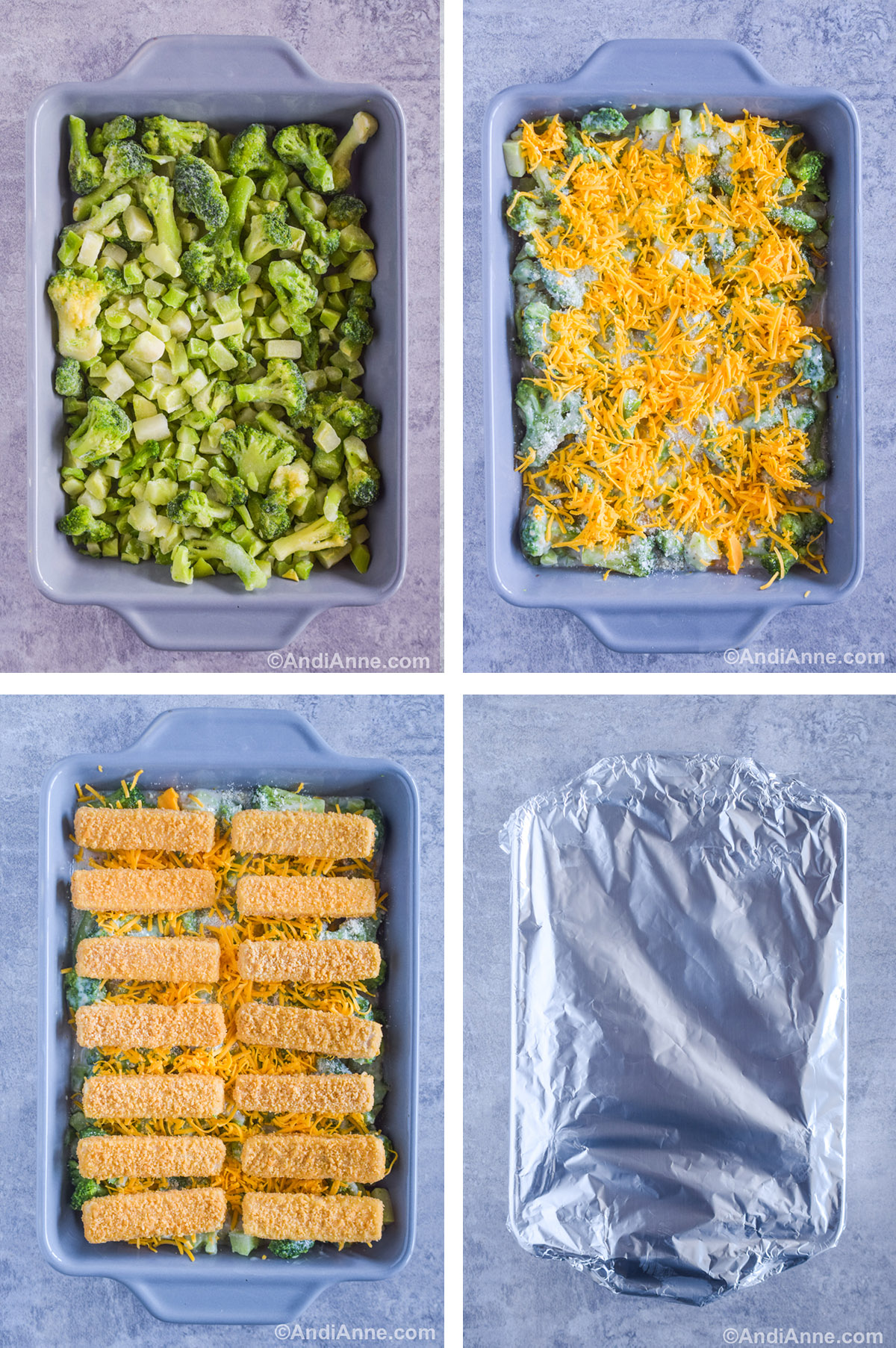 Four images showing steps to make recipe. First is frozen broccoli pieces in grey casserole dish, second is shredded cheese on top, third is frozen fish sticks in two rows on top of the casserole dish, fourth image is foil covering the casserole dish.