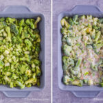 Two images of grey casserole dish. First with frozen broccoli florets. Second with creamy sauce poured on top.