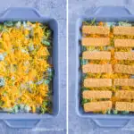Two images of grey casserole dish. First with cheese sprinkled on top of casserole mixture. Second with frozen fish sticks placed on top.