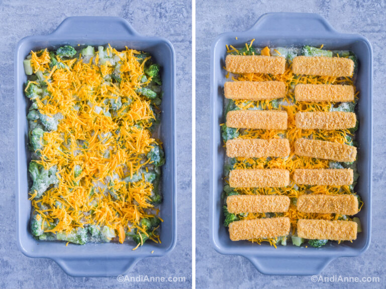 Two images of grey casserole dish. First with cheese sprinkled on top of casserole mixture. Second with frozen fish sticks placed on top.