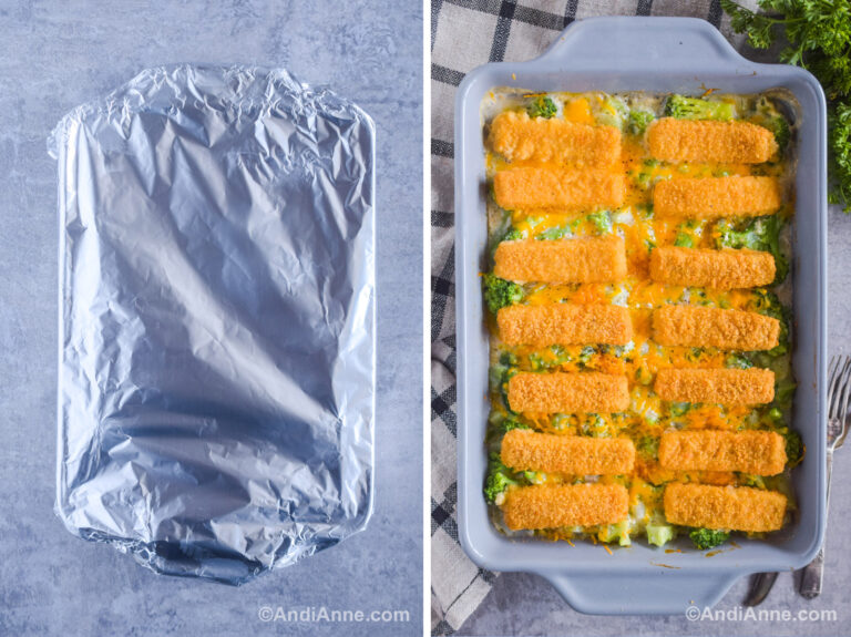 Foil covering casserole dish, and cooked broccoli fish cheese casserole recipe.