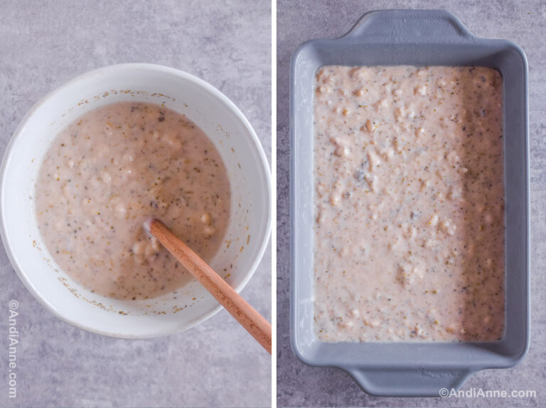 Two images together, First is bowl with creamy liquid inside and spatula. Second is same creamy white liquid poured into a grey casserole dish.