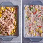 Two images of a grey casserole dish. First is chicken, potatoes and carrots dumped on top of soup mixture. Second is ingredients all mixed together in dish.