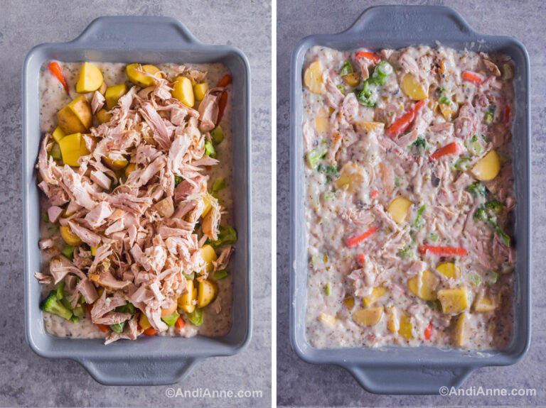 Two images of a grey casserole dish. First is chicken, potatoes and carrots dumped on top of soup mixture. Second is ingredients all mixed together in dish.