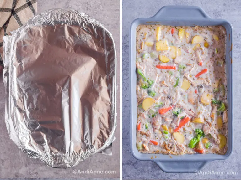 Two images of a casserole dish. First is foil covering casserole dish. Second is baked creamy vegetable chicken mixture in the dish.