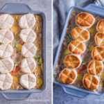 Two images of the chicken pot pie recipe in a grey casserole dish. First is is uncooked biscuits on top. Second is baked biscuits on top.