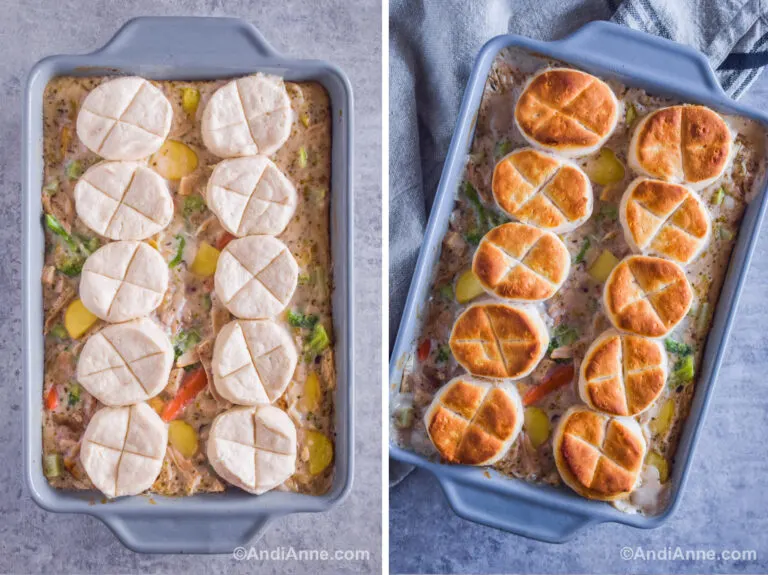 Two images of the chicken pot pie recipe in a grey casserole dish. First is is uncooked biscuits on top. Second is baked biscuits on top.