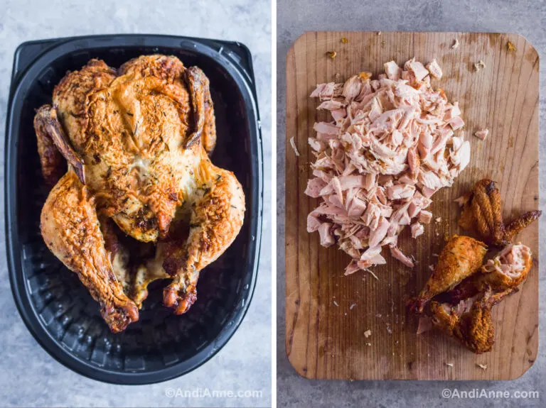 Two images together. First is rotisserie chicken in a black container. second is chopped chicken on a cutting board.