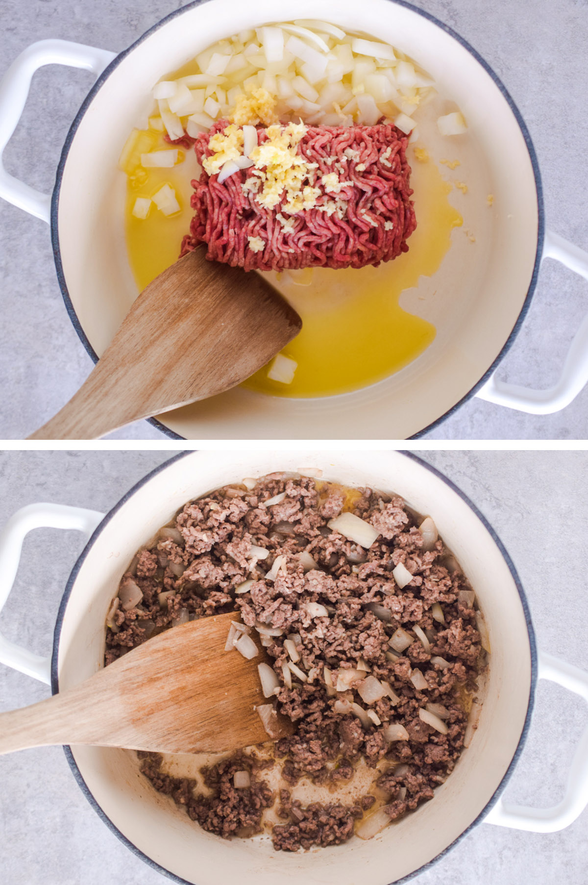 Two images of a pot. First with raw ground beef, chopped onion, minced garlic and oil. Second with crumbled cooked ground beef and chopped onion.