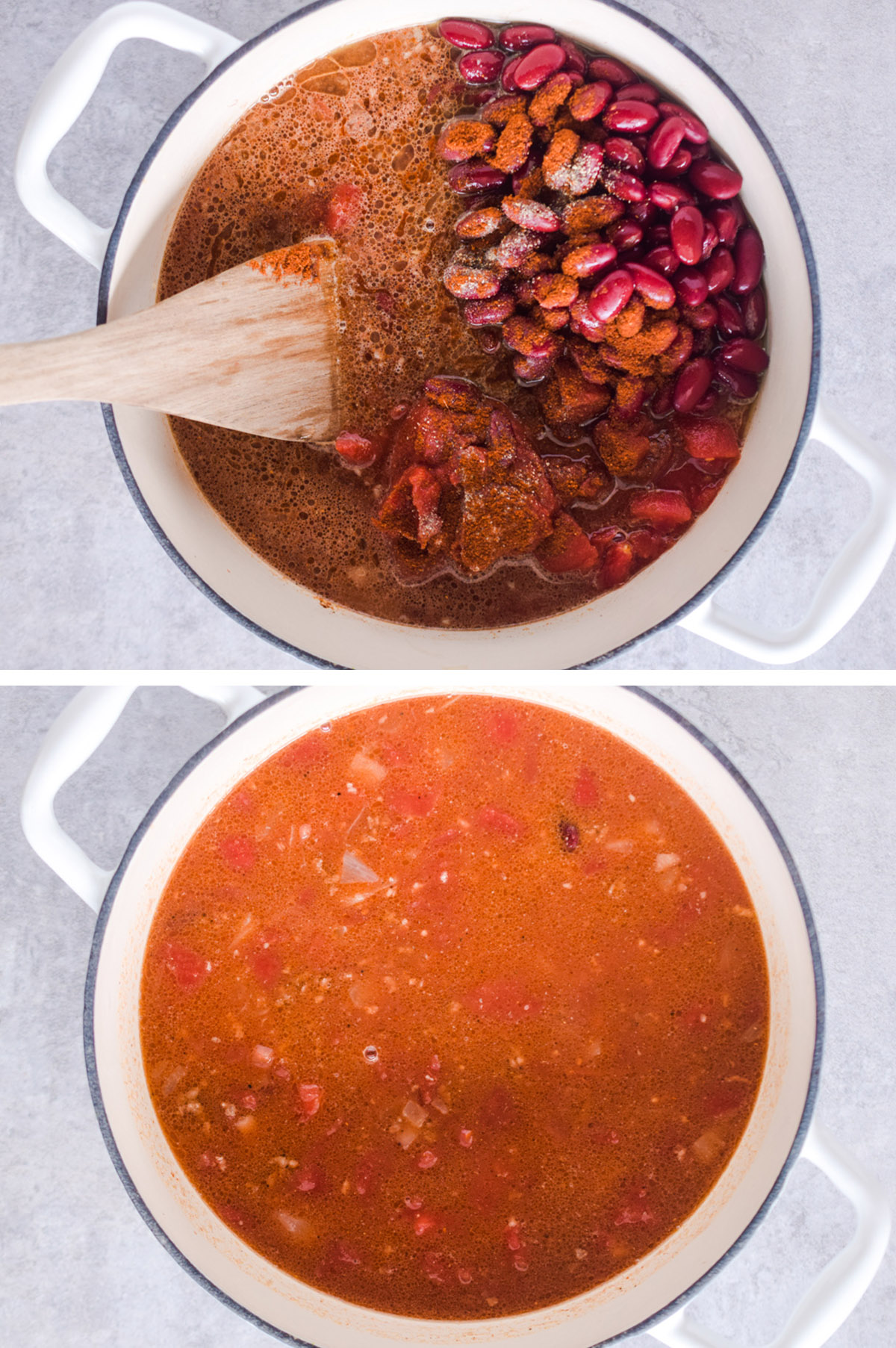 Two images grouped together of a pot with chili ingredients in different cooking stages.