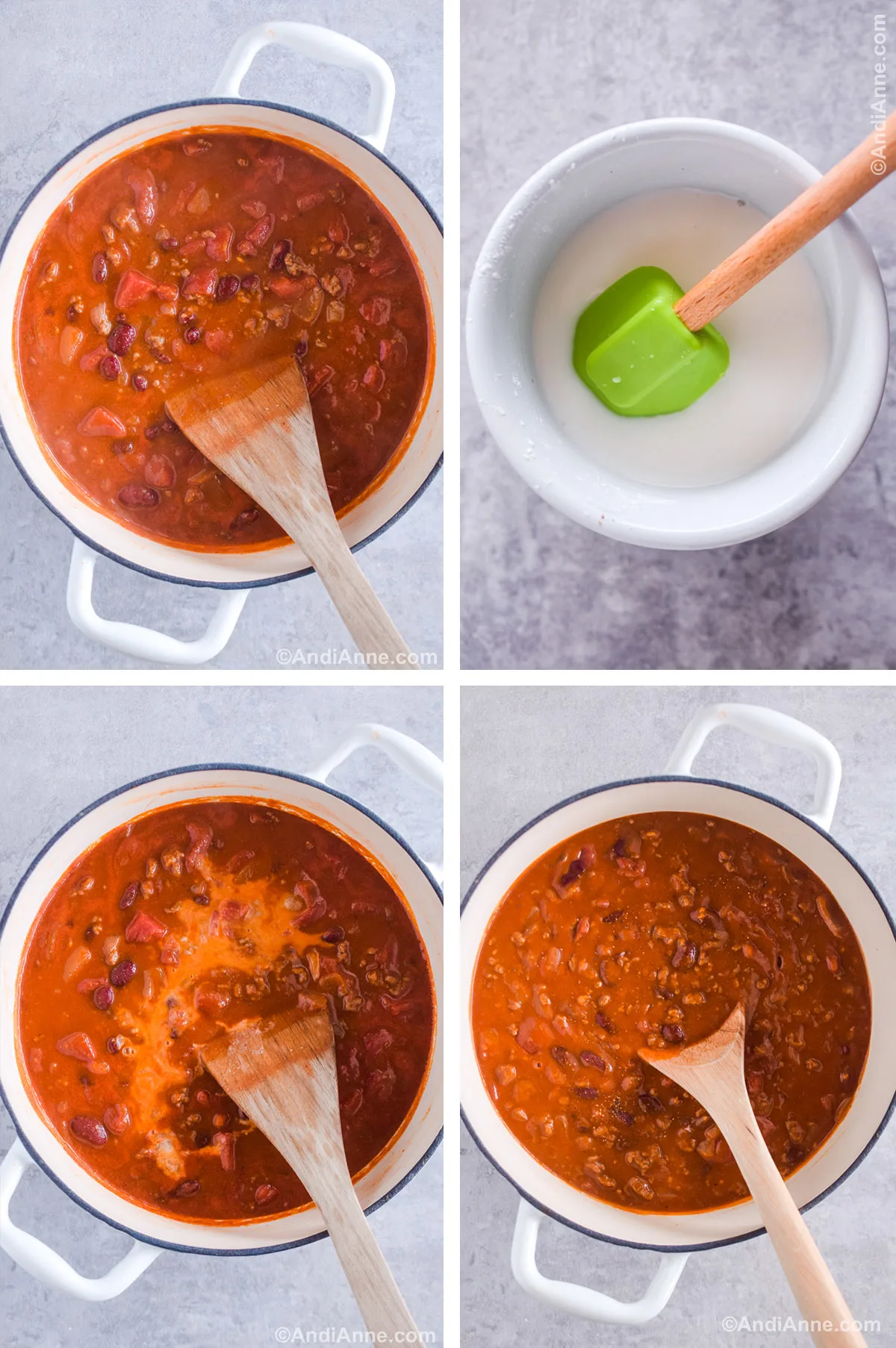 Four images together. Three are pot of chili in various cooking stages. Last one is bowl of white liquid with spatula.
