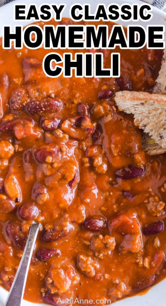 A bowl of homemade chili with a spoon