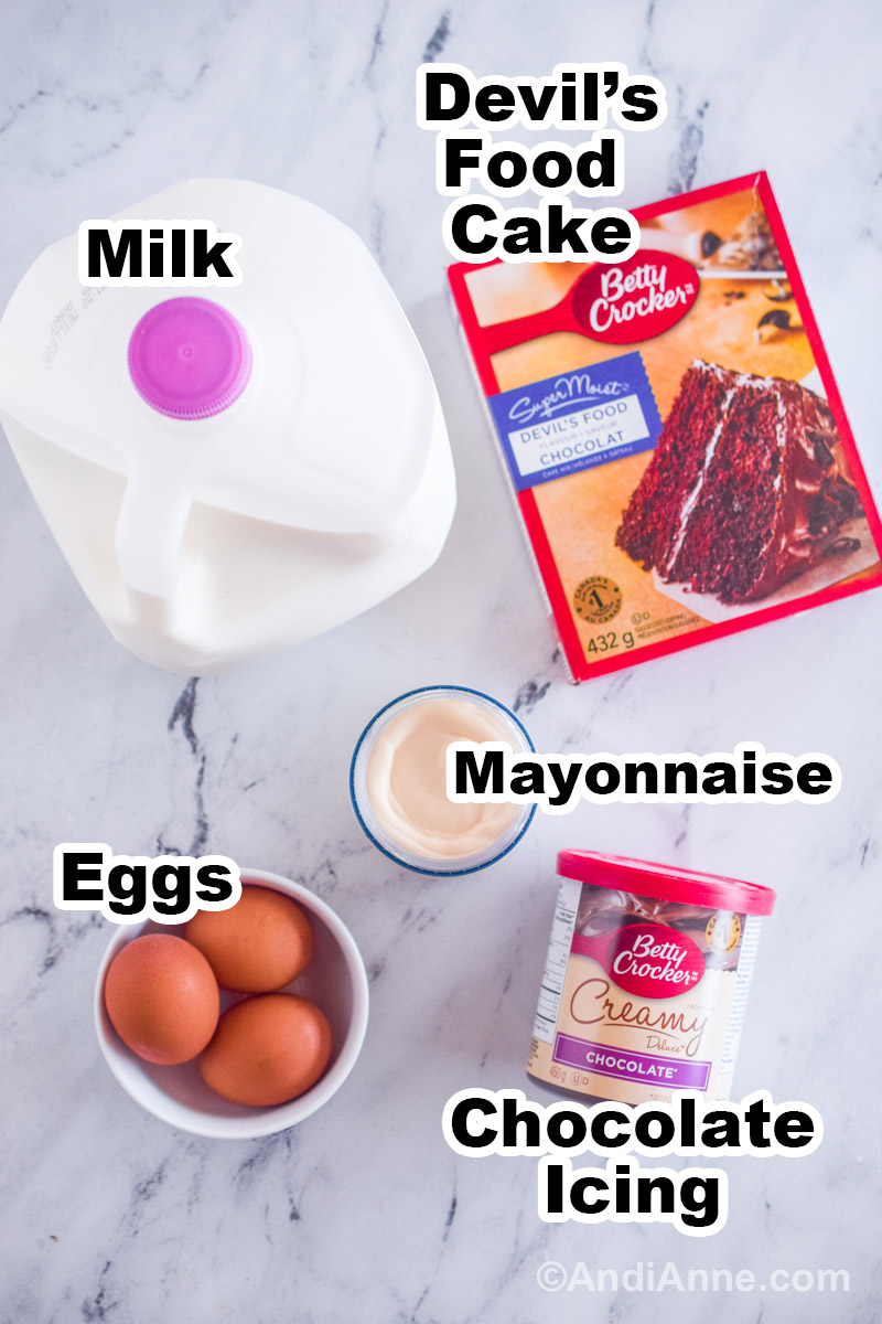 Recipe ingredients on the counter including a jug of milk, box of cake mix, bowl of mayonnaise, bowl of eggs and tub of frosting.