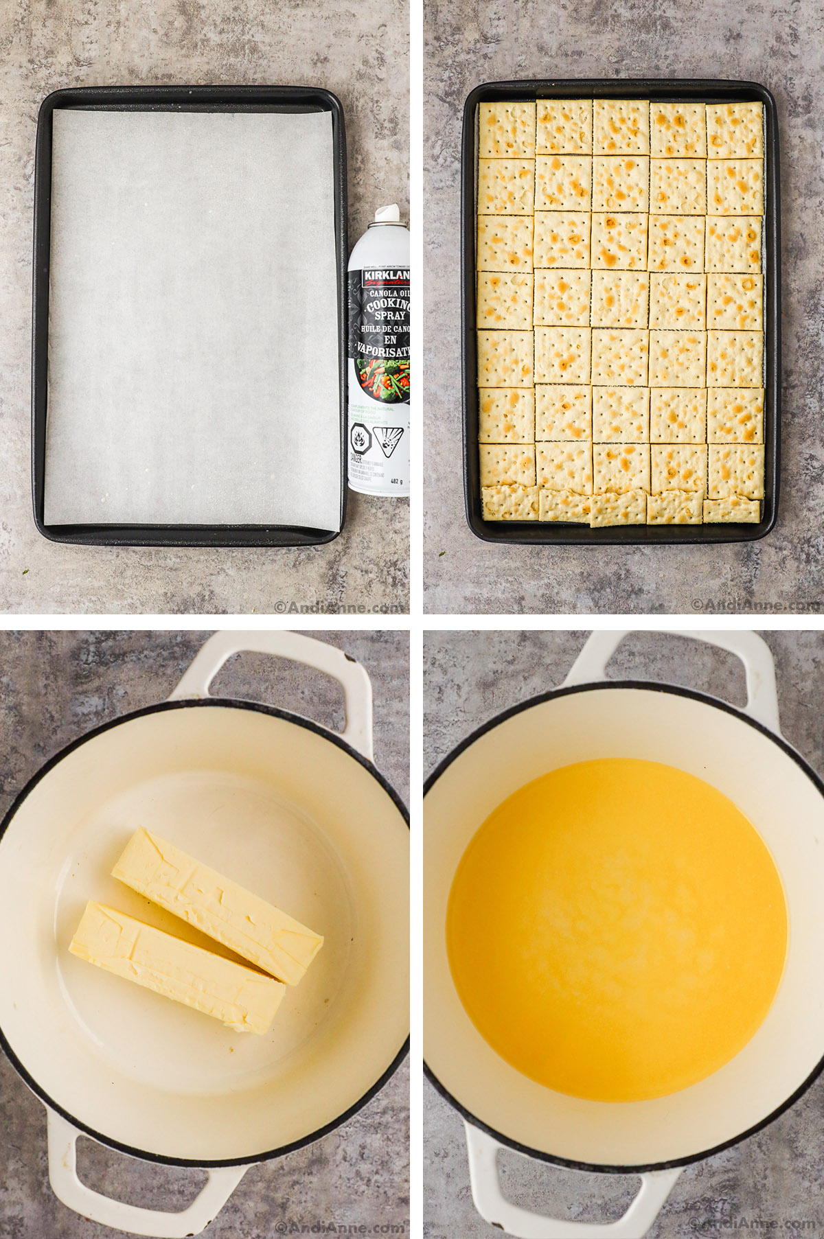 Four images, first is baking sheet with parchment paper and cooking spray beside it. Second is saltine crackers stacked in a baking sheet. Third is two sticks of butter in a pot. Fourth is melted butter in a pot.