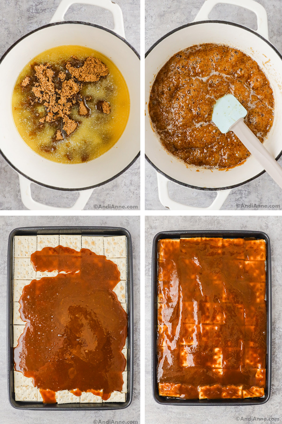Four images, first two are of a pot. First with melted butter and brown sugar. Second with bubbling toffee and spatula. Third image is toffee poured over top, fourth is toffee spread overtop of baking sheet with saltine crackers.