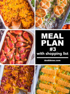Six different images of casserole dinner recipes for meal plan #3.