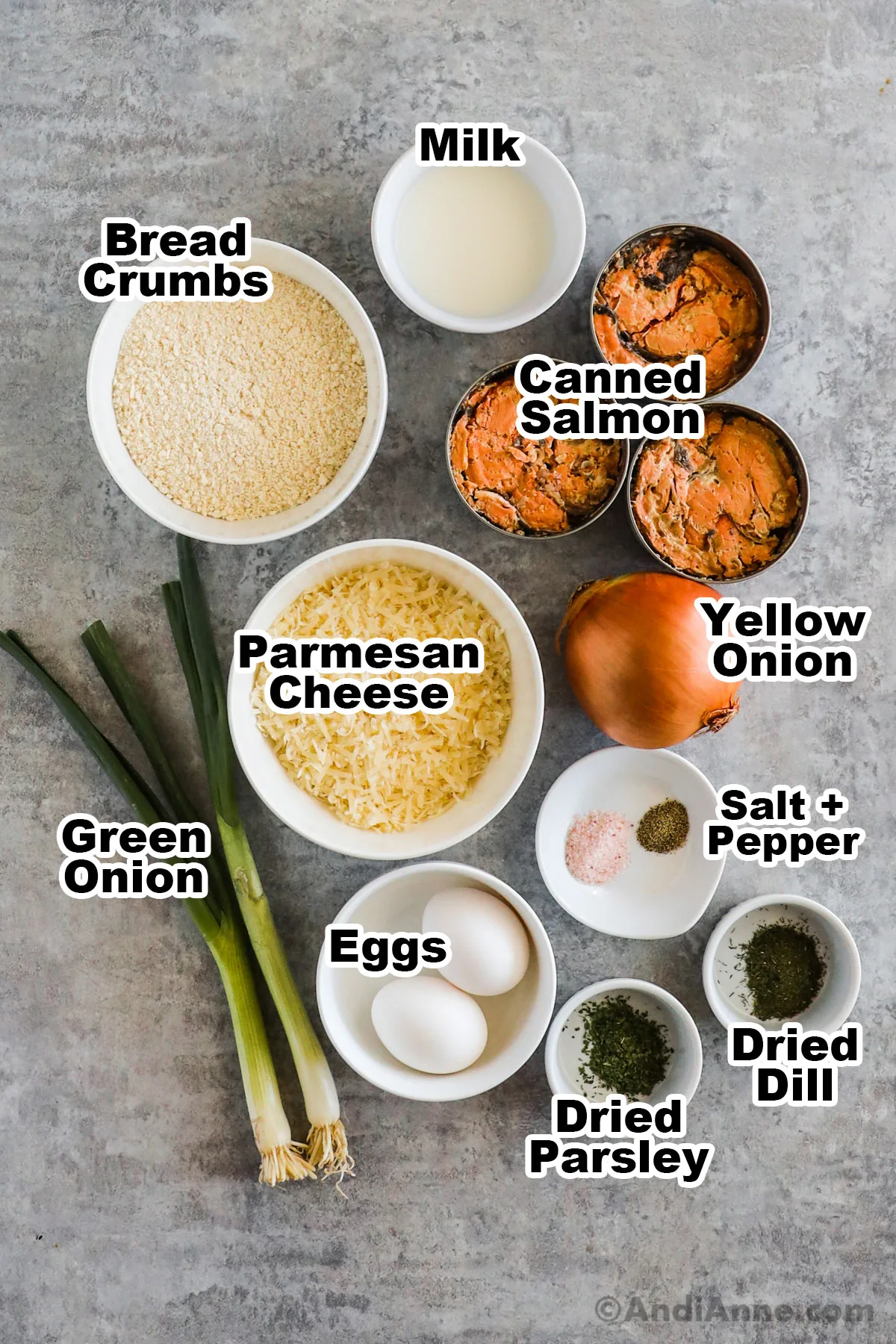 Recipe ingredients on the counter including bowls of bread crumbs, parmesan cheese, milk, canned salmon, yellow onion, green onion, eggs, dried dill and parsley.